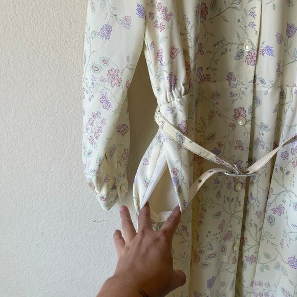 Vintage 80s patchington cream with purple floral print shirt dress‎ midi large - Picture 4 of 8